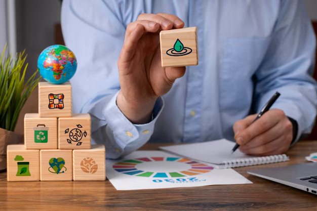 A man displays wooden blocks with a globe and Earth, representing themes of geography and environmental consciousness